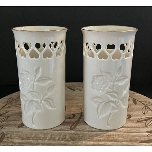 Lenox Special Collection Rose Floral Pierced Hearts 6" Vase Gold Trim Lot of 2 - Picture 5 of 9